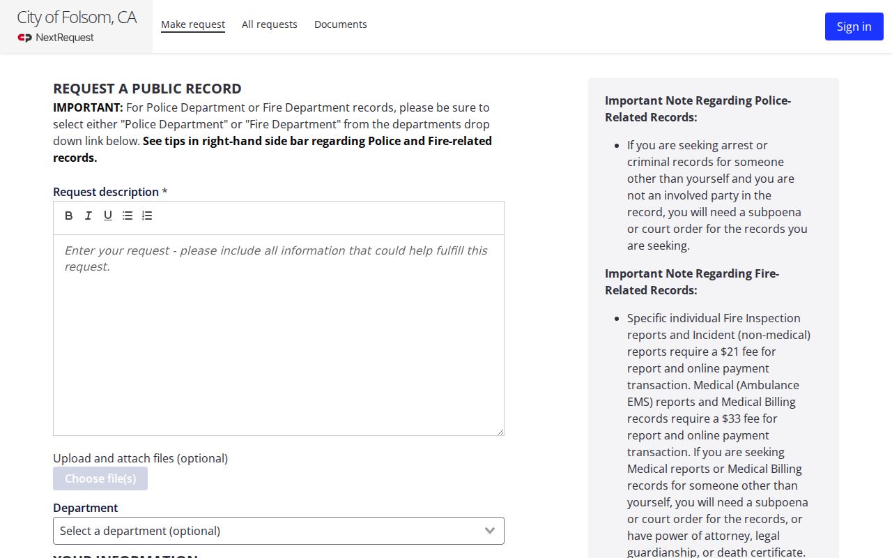 Folsom public records NextRequest portal